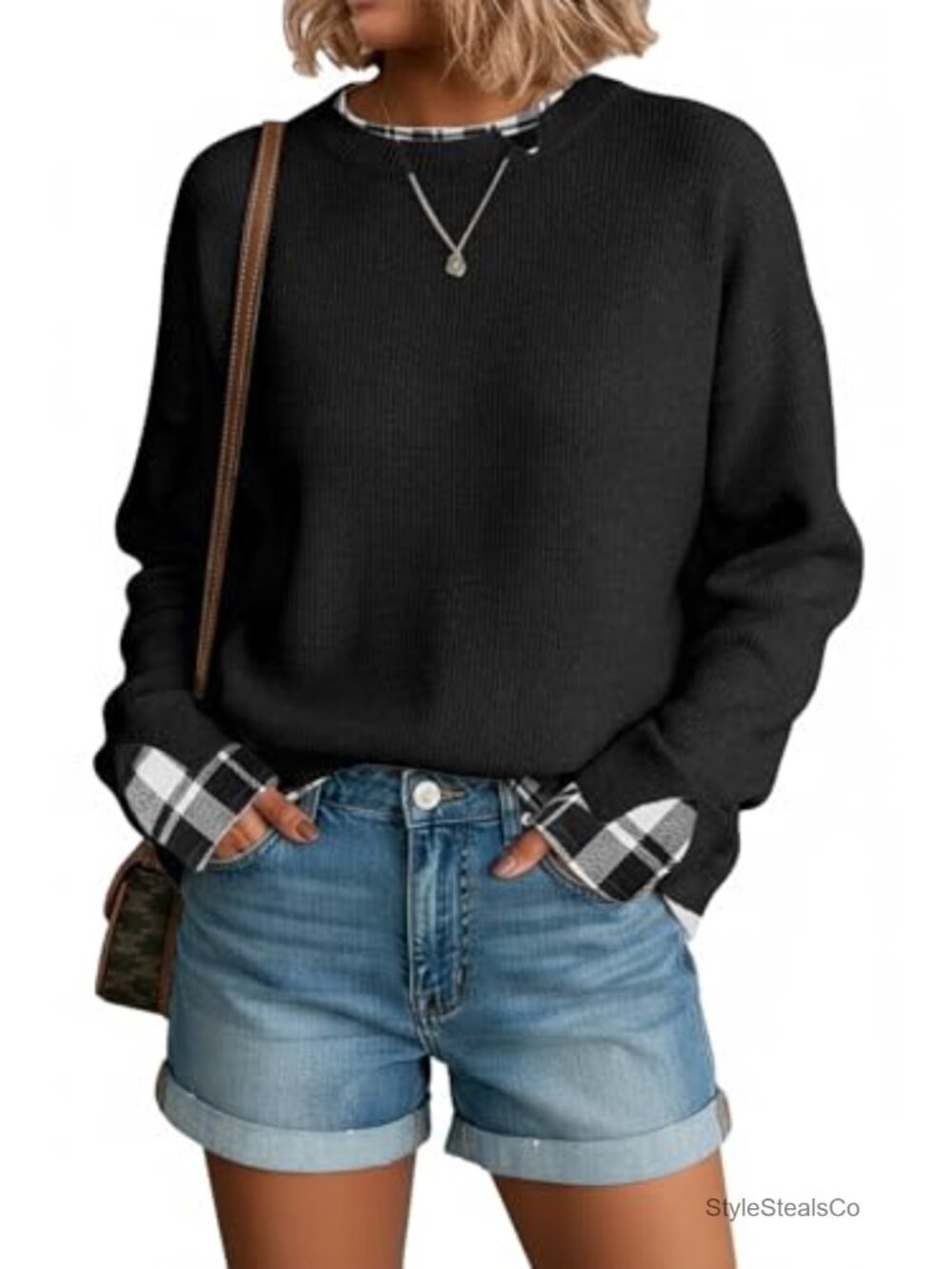 Women's Oversized Cut-Out Sweater Crew Neck Drop Shoulder Ribbed Knit - Picture 3 of 5